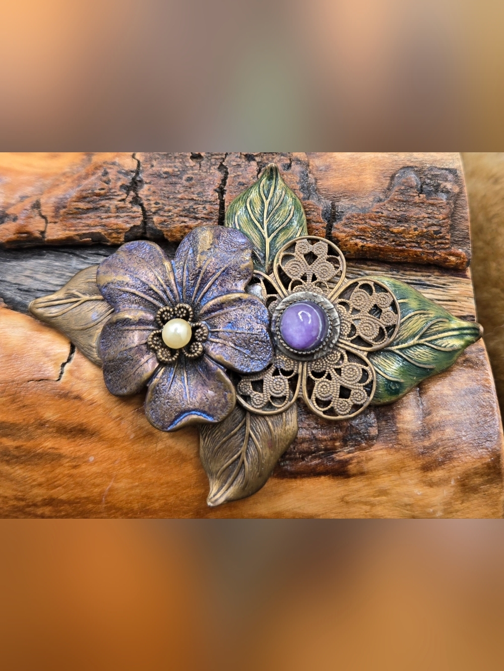 Floral Brooch Brass Vintage w/ Color Wash Faux Pearl Glass Cab 2¾" X 2"